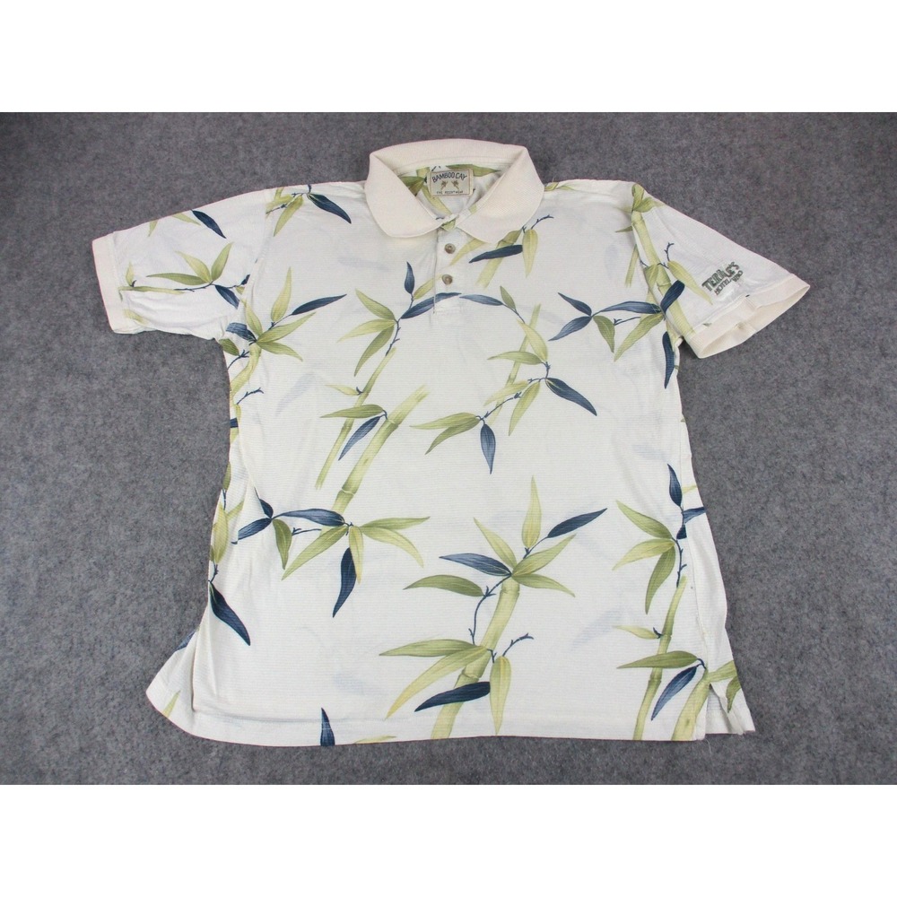 Bamboo Cay Polo Shirt Mens Large White Green Floral Resort Embroidery Casual